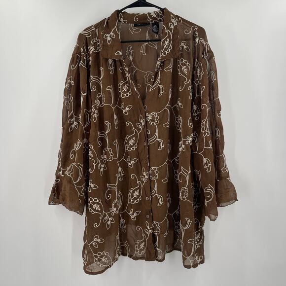 MAGGIE BARNES Button Down Shirt 3X Blouse Embroidered Beaded Plus Curvy Vintage - Picture 2 of 13